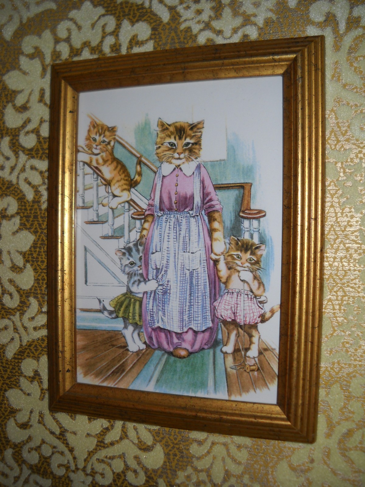 DRESSED CATS AT HOME 5 X 7 gold WOOD framed animal picture Victorian style print