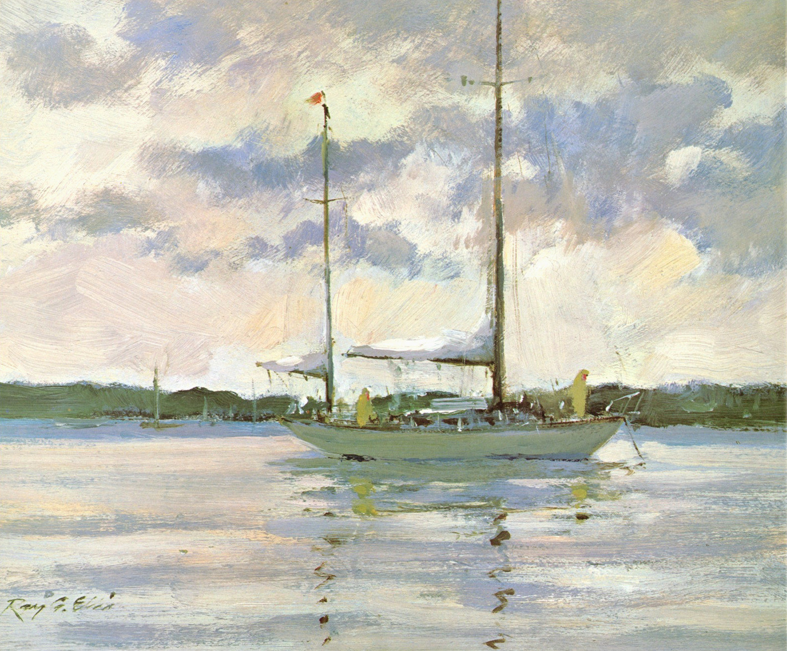 1983 Vintage Print Ship Dock in Harbor North Carolina Sea Shore Oil Paint Image