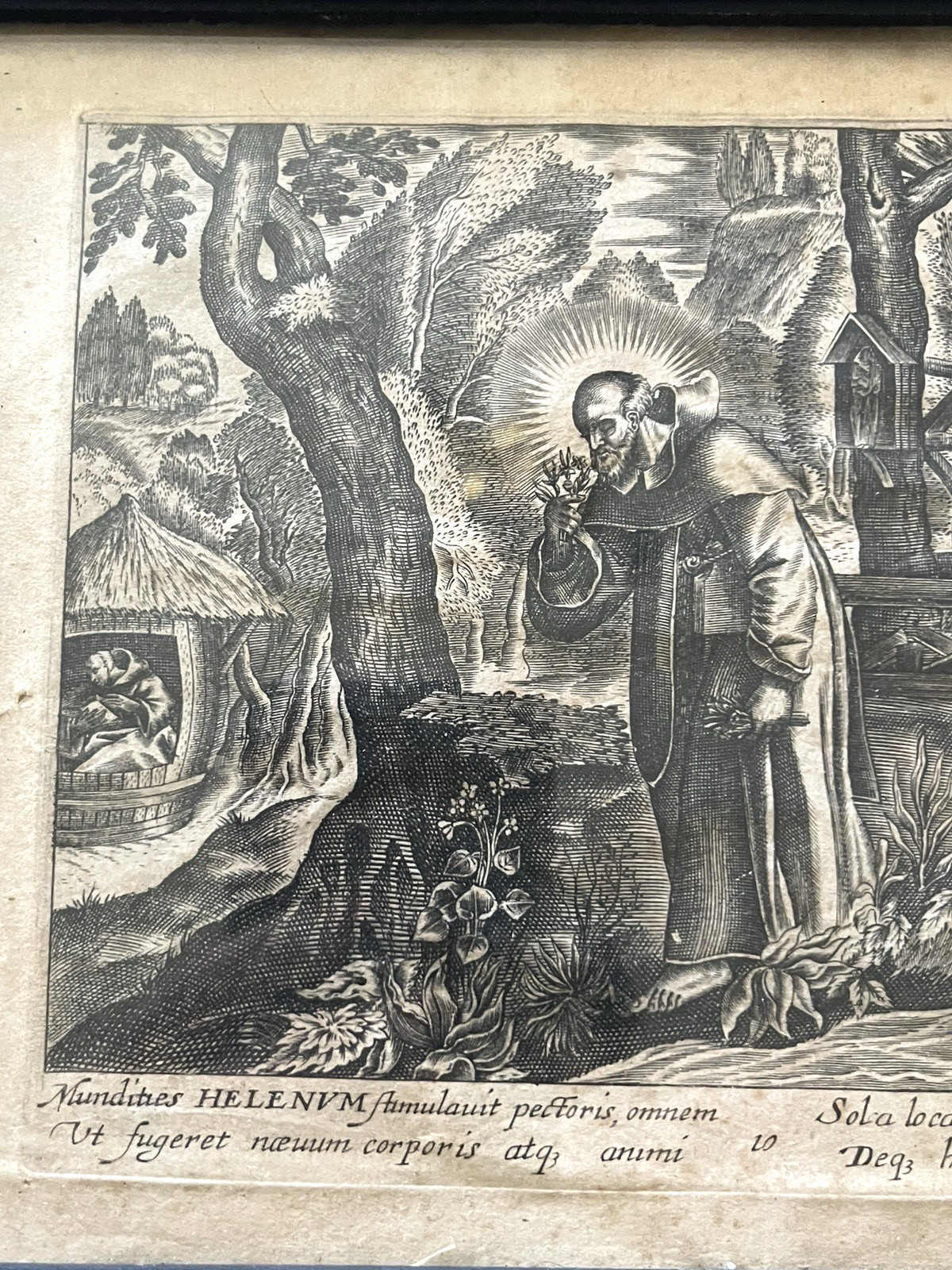 Antique 19thC Biblical Engraving Saint Devotional Scene Latin Framed