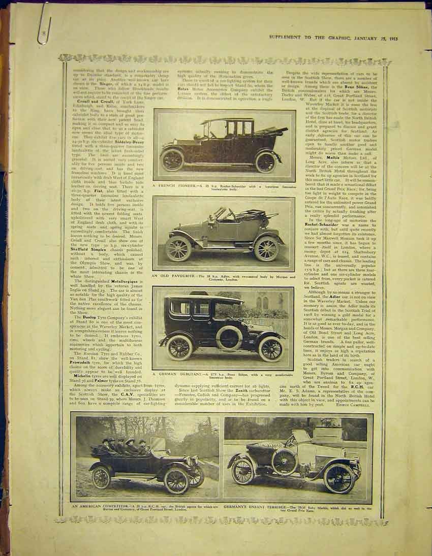 Old Antique Print Automobile Morgan Adler Mathis Croall Vauxhall Talbot