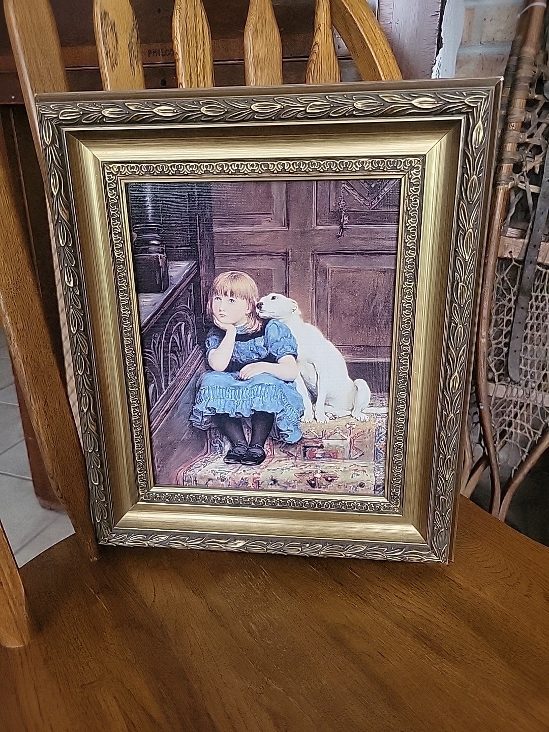 Picture Framed Print Girl Dog “Sympathy” Gold Ornate Frame 12×14, Mat 9.5×7.5