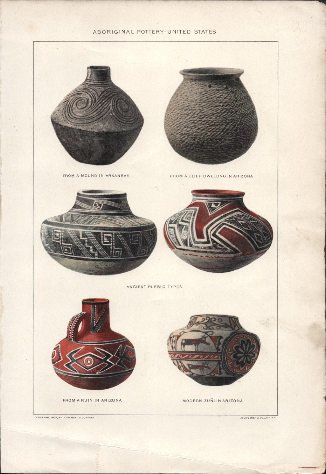 1902 NATIVE AMERICAN POTTERY antique chromolithograph print ARIZONA and ARKANSAS
