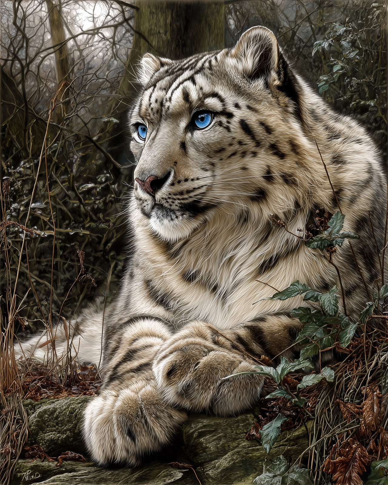 8×10 Snow Leopard resting in winter brush – icy rocks and twigs – 276651500