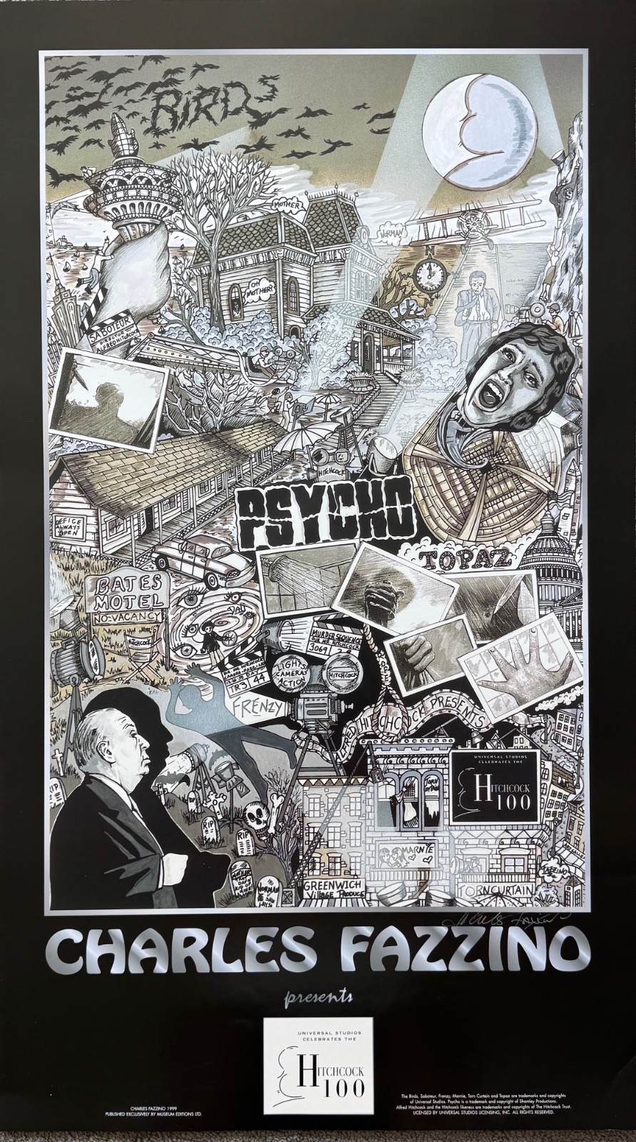 Charles Fazzino HITCHCOCK Hand Signed Poster Psycho The Birds Topaz Torn Curtain