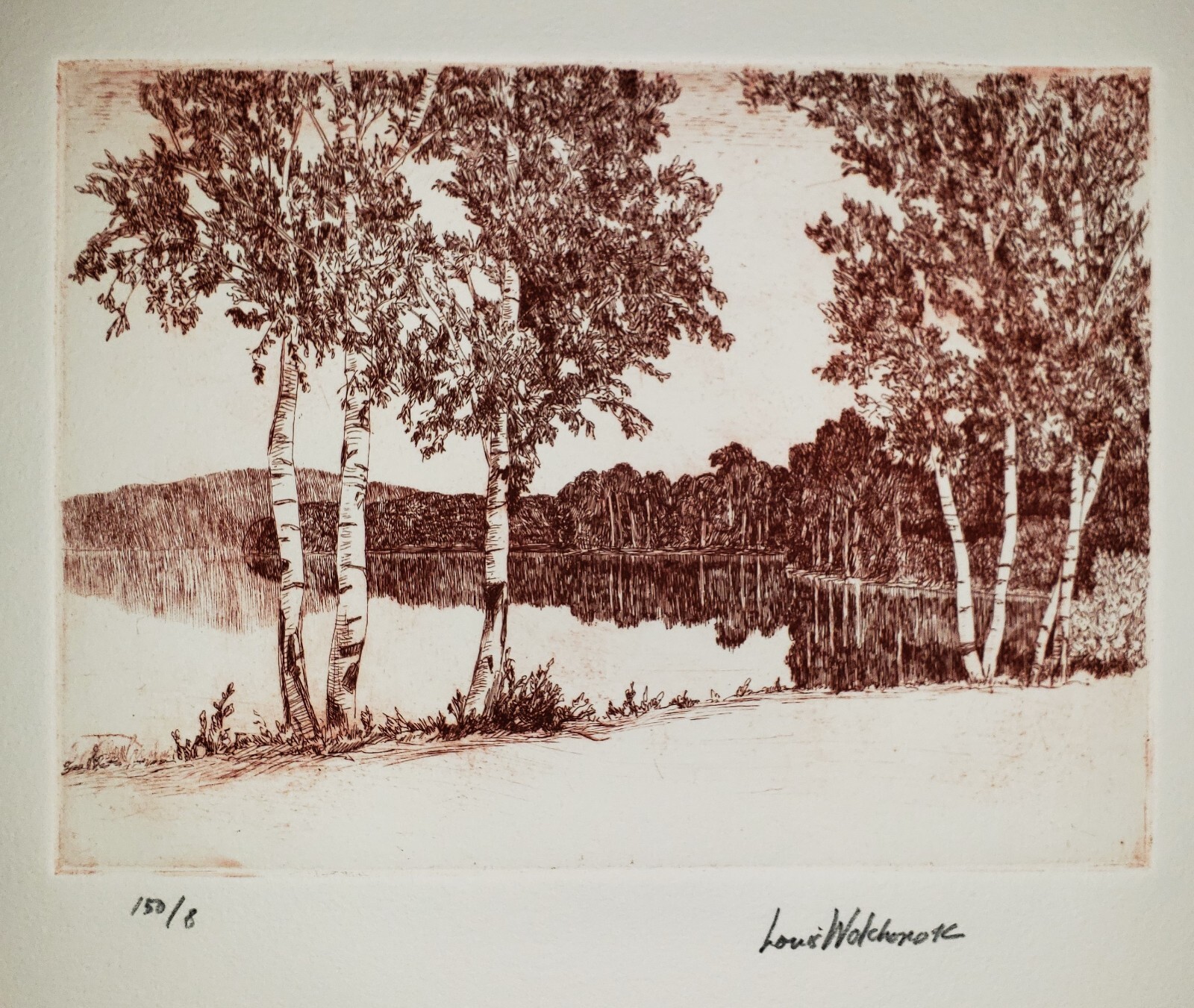 LOUIS WOLCHONOK (1898 – 1973) Original SIGNED Etching w Drypoint Lake Reflection