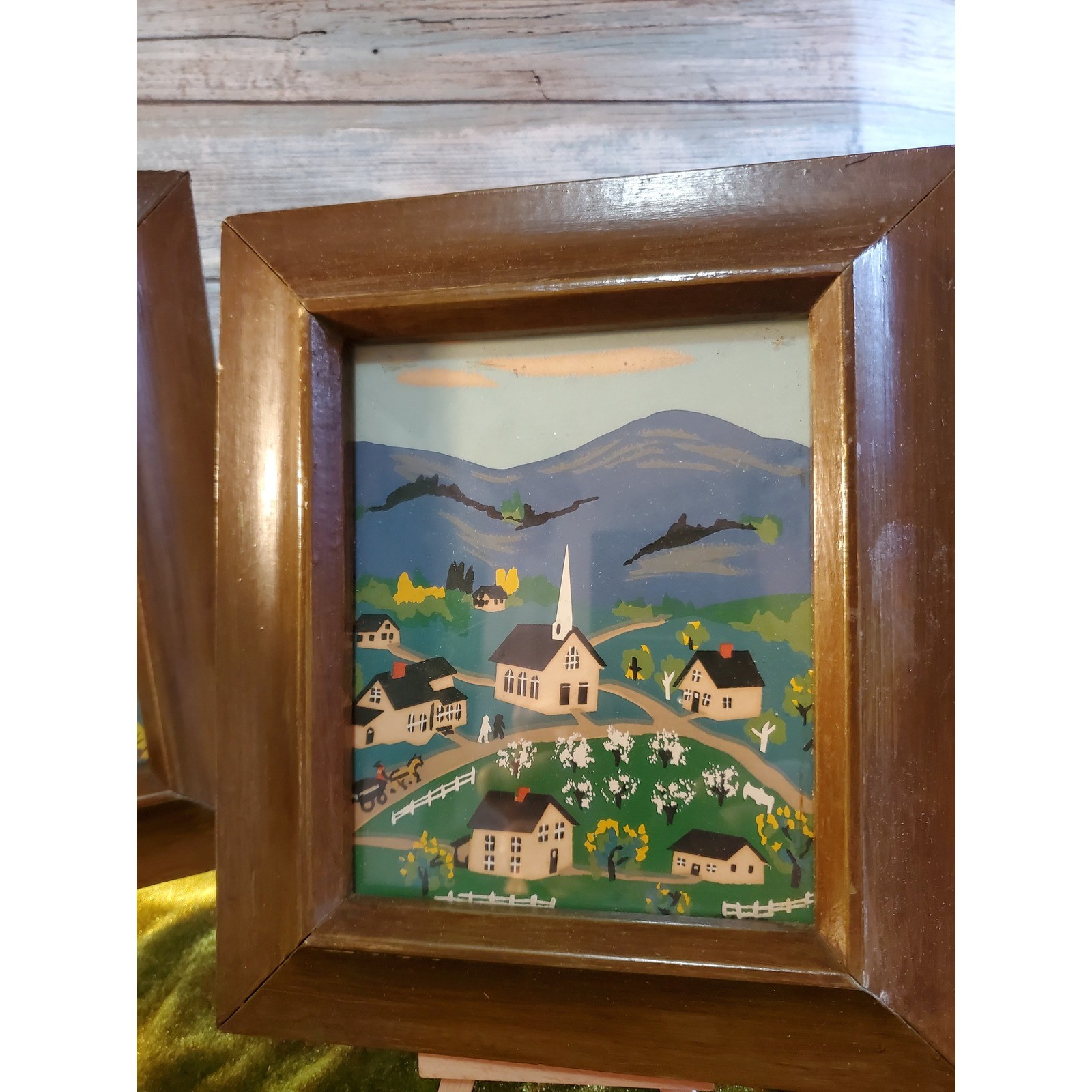 Vintage Folk Art Landscape Framed Prints Set Farm House Decor Artist Signed