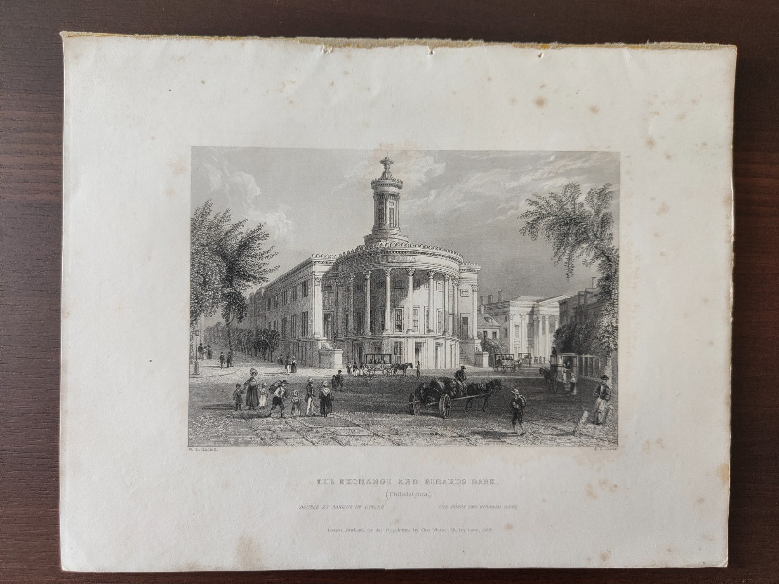 ANTIQUE ORIG. B/W ENGR.-LANDSC./ARCHITECT.-THE EXCHANGE AND GIRARDS BANK-1839
