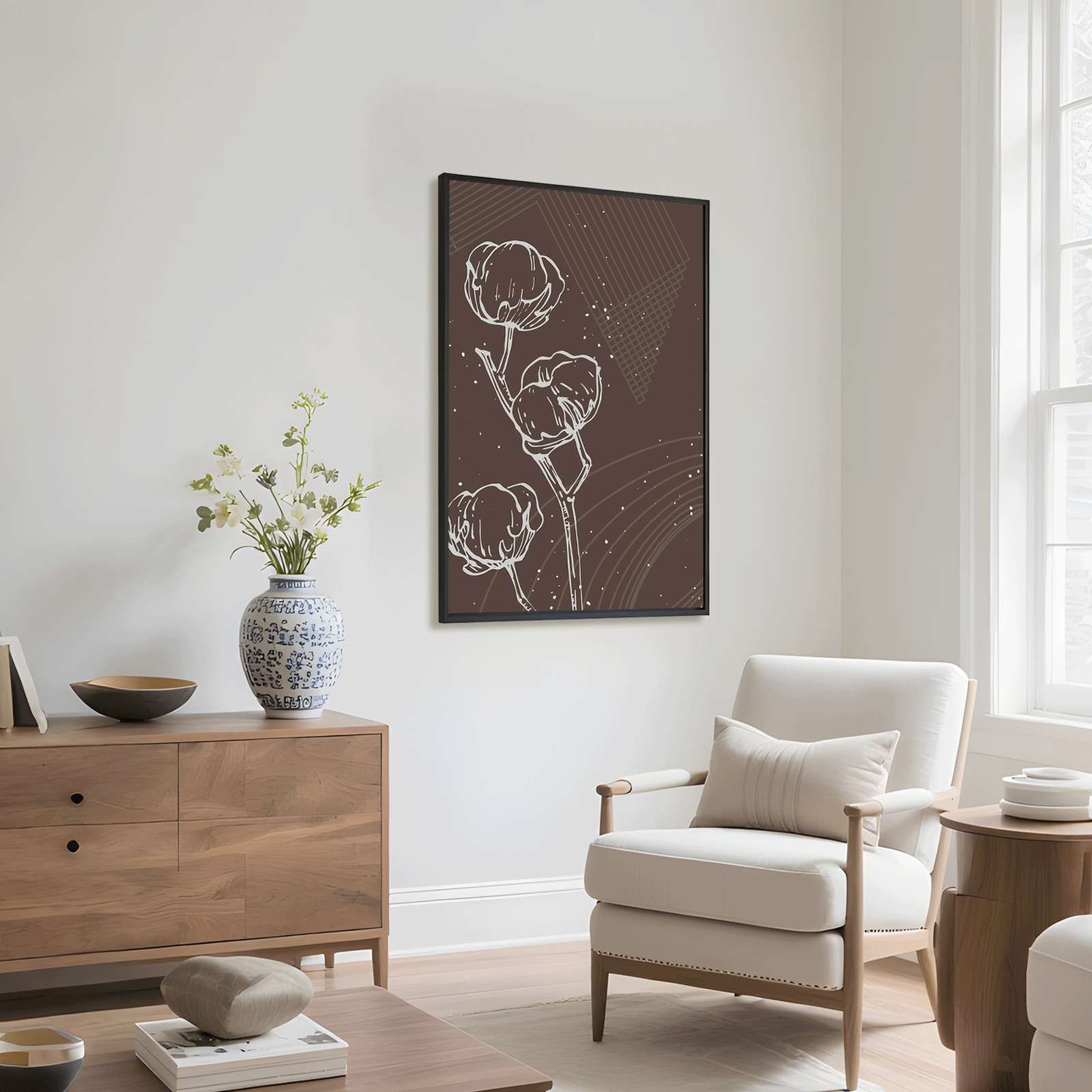 Cotton Flower Framed Canvas Print Minimalist Aesthetic Elegant Wall Art