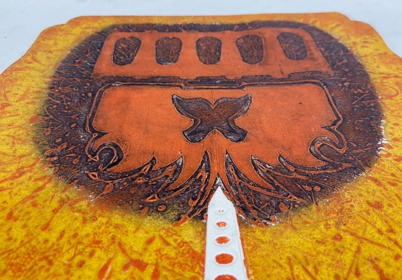 Vintage Abstract Orange Rust Brown Embossed Print Modern Art Wall Hanging Signed