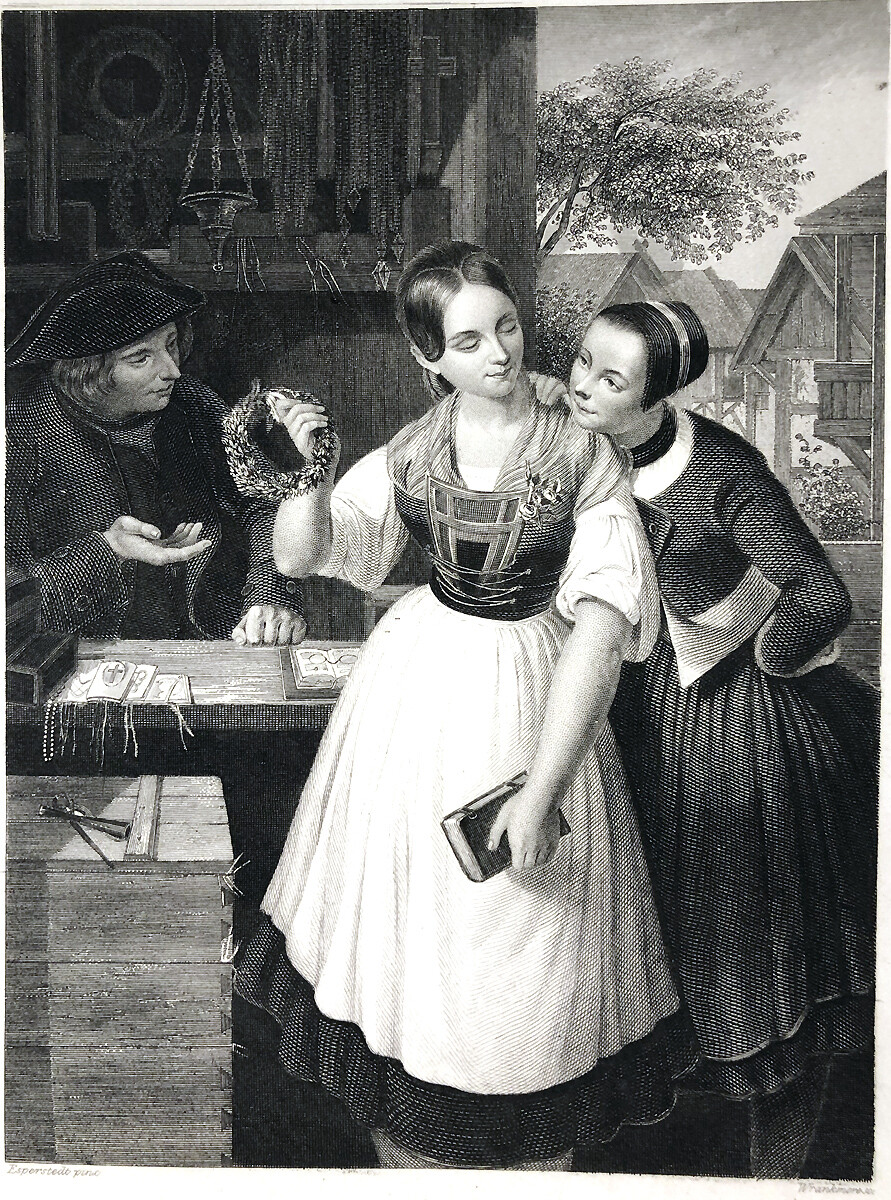 PRETTY BAVARIAN GIRL BRIDE LOOKS AT WEDDING WREATH ~ 1843 Art Print Engraving