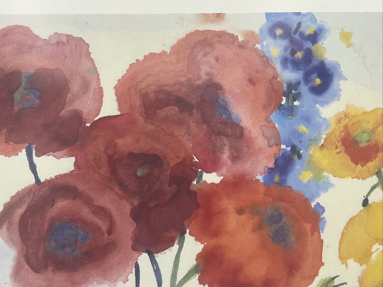 Modern Print RED AND YELLOW POPPIES WITH A BLUE DELPHINIUM By Nolde Art Poster