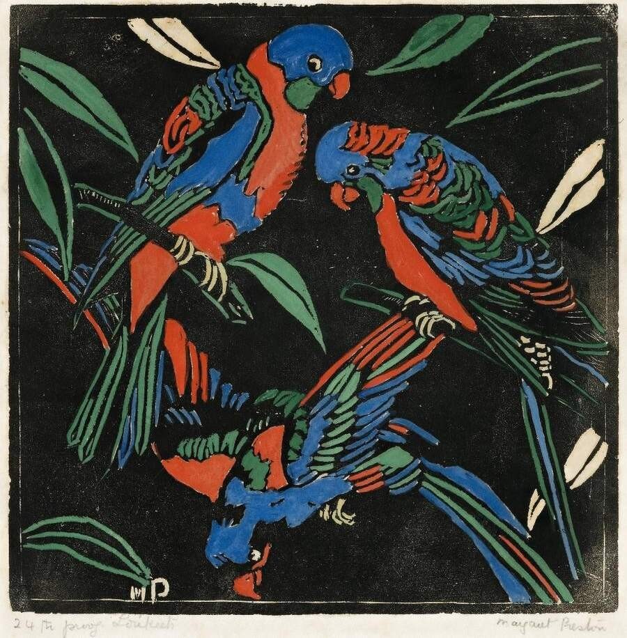 Margaret Preston : Lorikeets : Australian Modernist Woodblock Print 1925