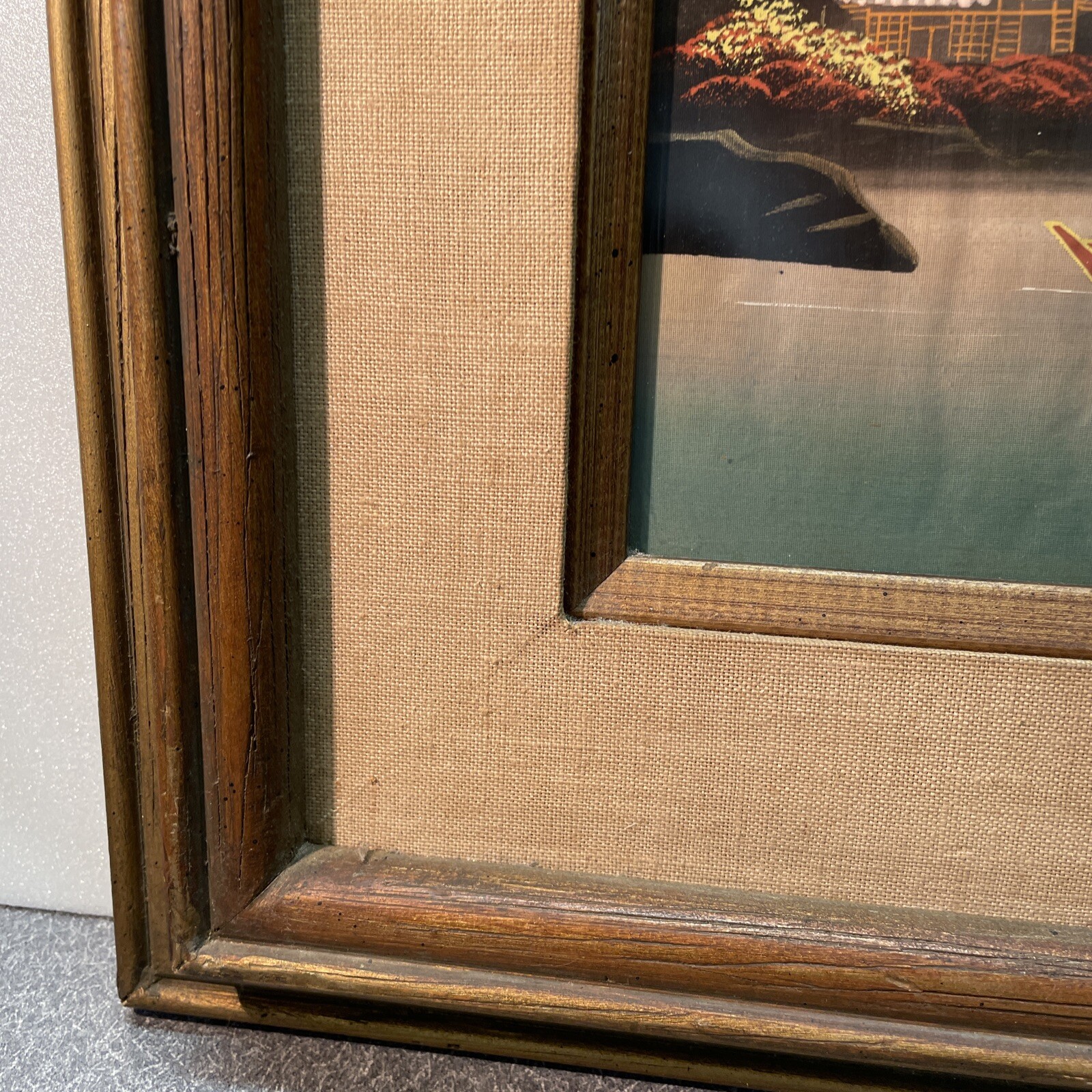 VINTAGE HAND PAINTED ON SILK?Waterfall Pagoda SIGNED Framed 17.5”x15.5”