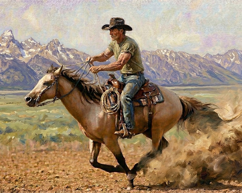 Western Art Cowboy on the Move. Oil print 8×10 Free Shipping 0109