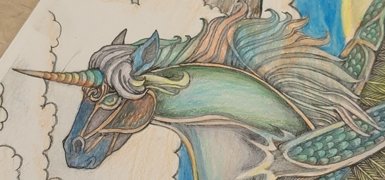 Dan Thompson 2015 Colored & Signed Drawing Pegasus Unicorn Flowers Fantasy 11×14