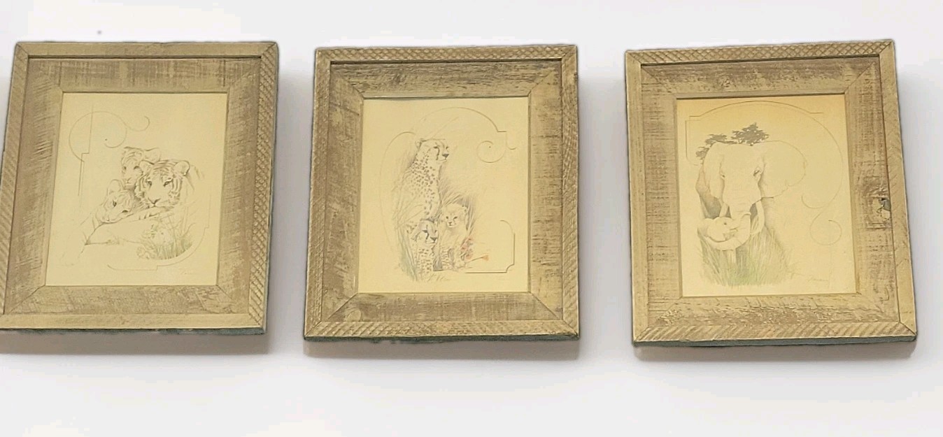 Vtg 1970s William Tara Safari Lithograph Prints Set of 3 Triptych Framed MCM