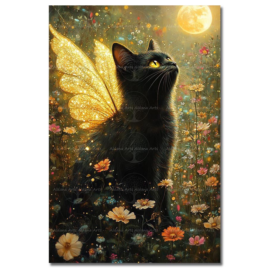 Winged Cat Art Print, Artistic Golden Butterfly Poster, Pet Lover Home Decor