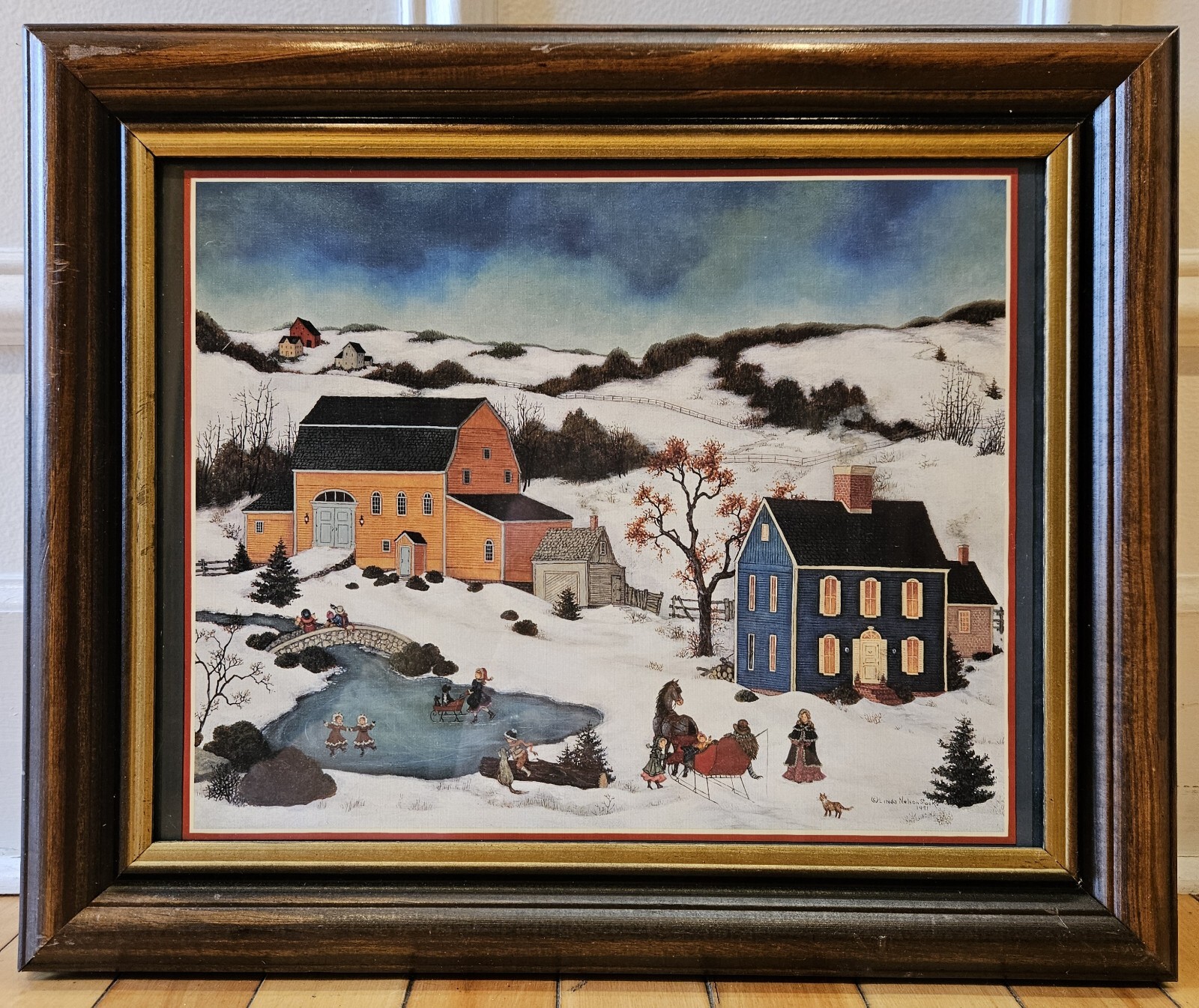 Linda Nelson Stocks ‘Winter Ice Skating Scene’ 1991 Calendar Page Art Print