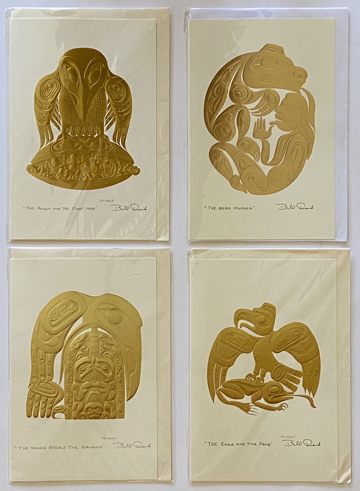 BILL REID Haida Gold Embossed *EAGLE*RAVEN*BEAR* 6″ x 9″ Art Card Set x4