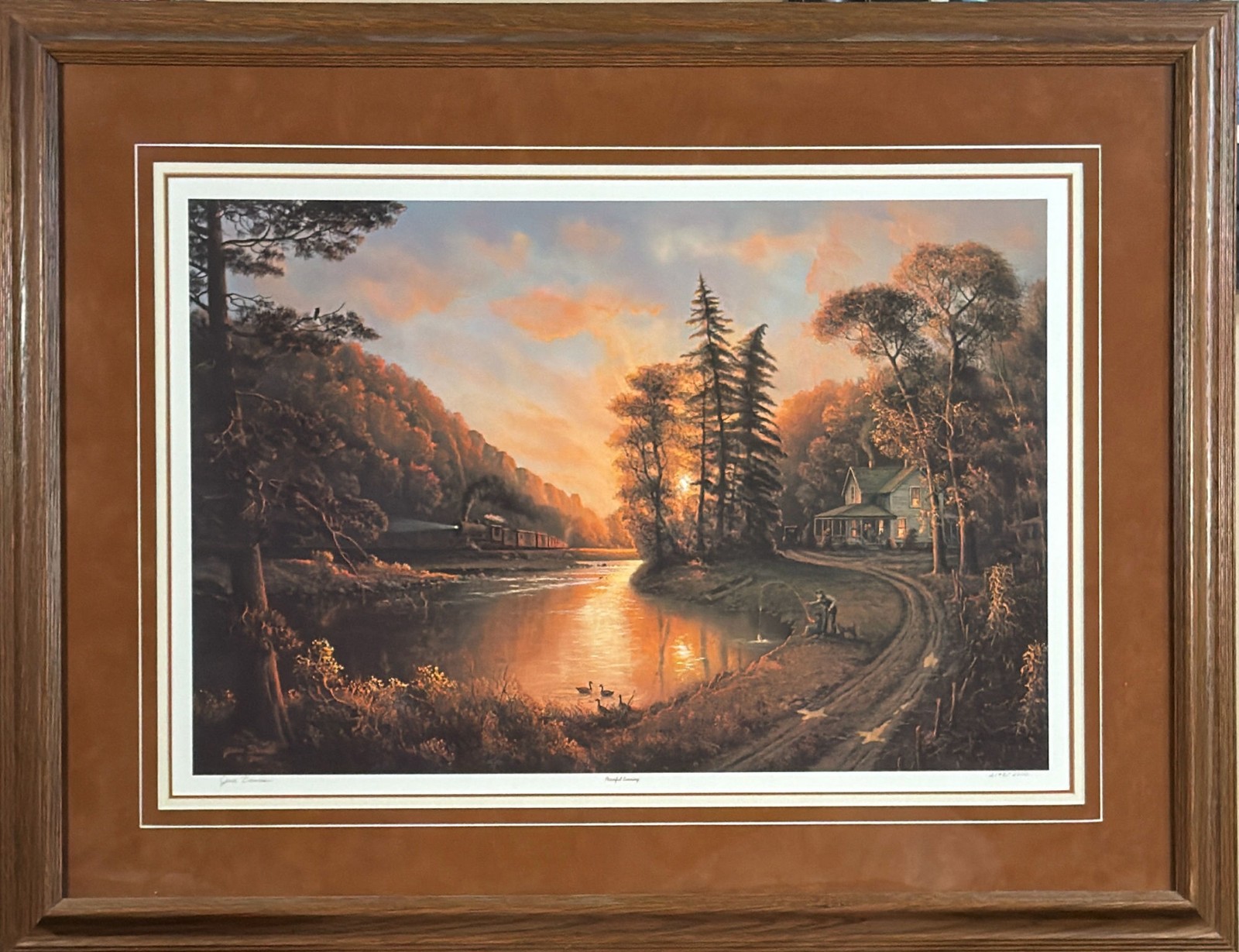 Jessie Barnes Peaceful Evening S/N Train Fishing Art Print-Framed 34.5 x 26.5