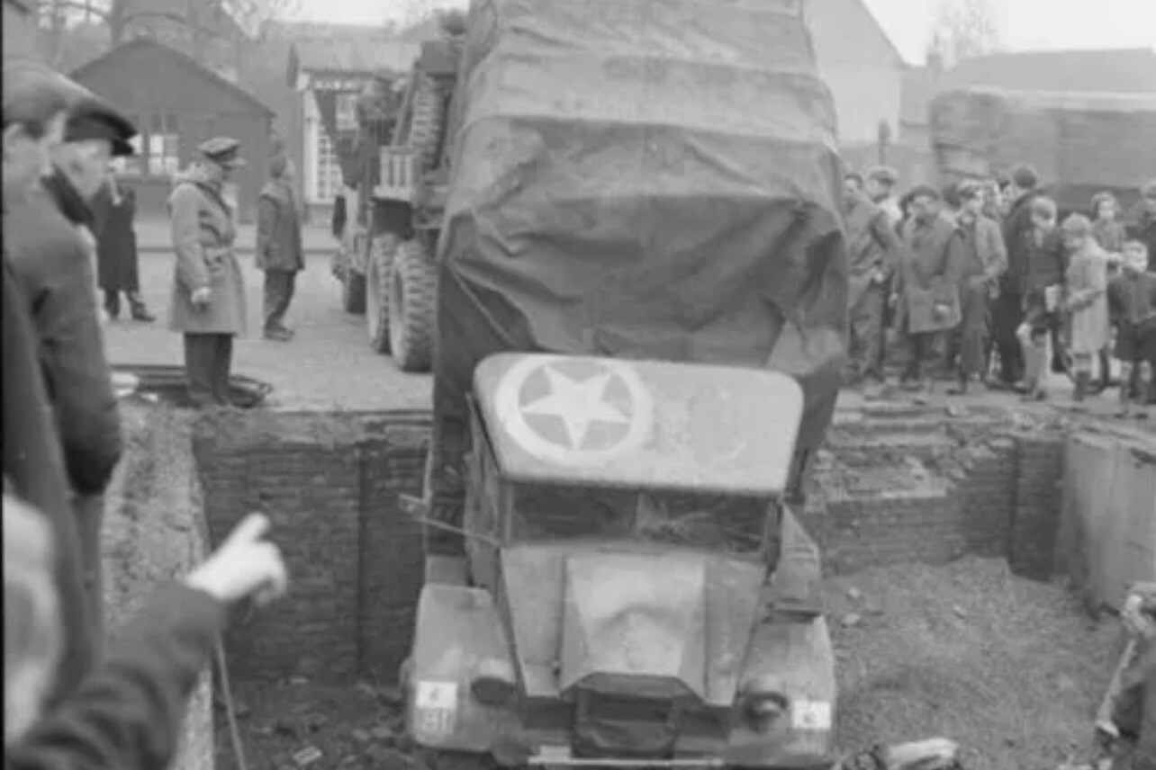 Armoured Division lorry being recovered after crashing Sittard WWII Photo 4×6
