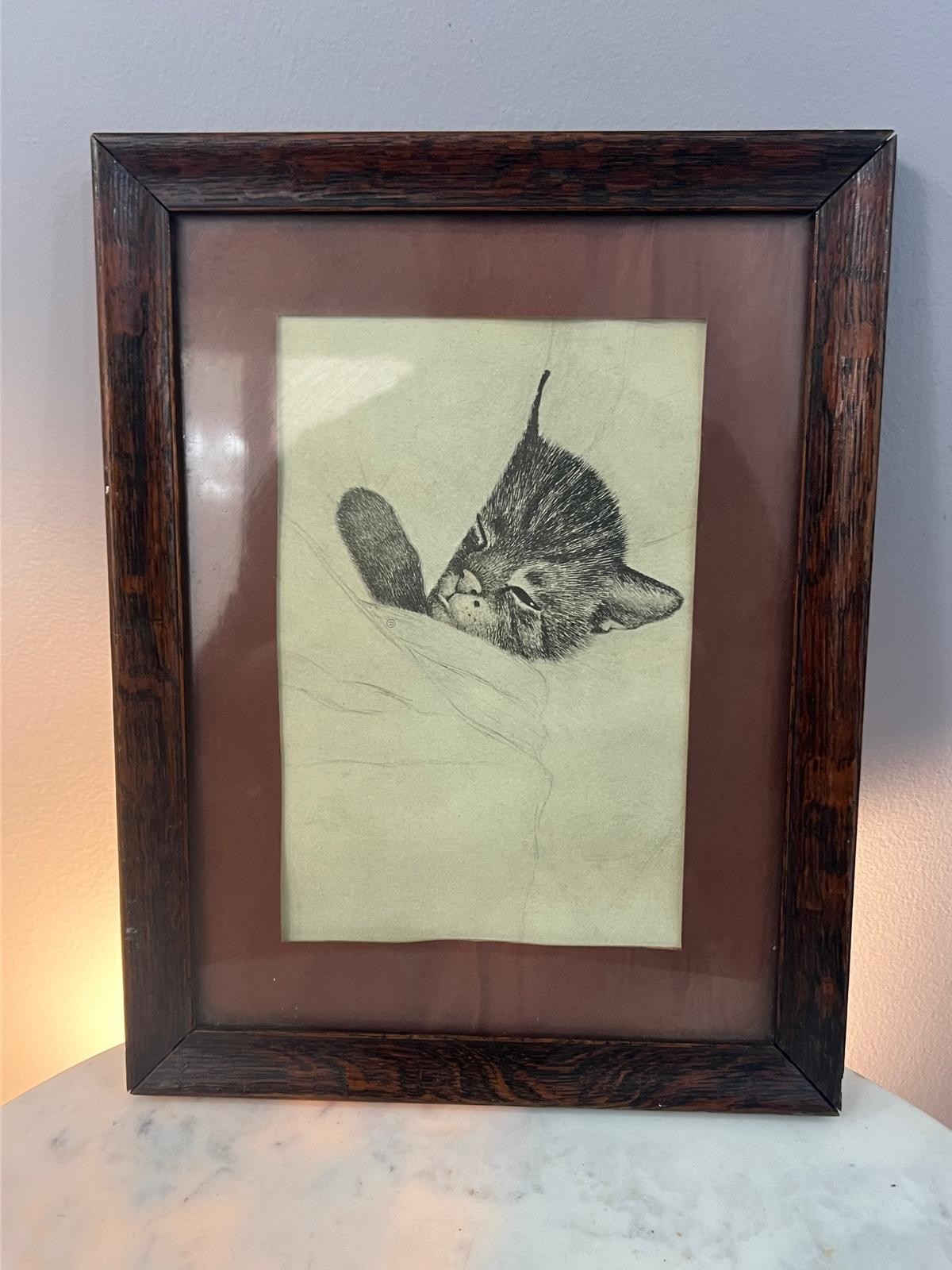 Vintage Sleeping Kitten Sketch Etching Wooden Framed Wall Art 13 3/4″x10 3/4″