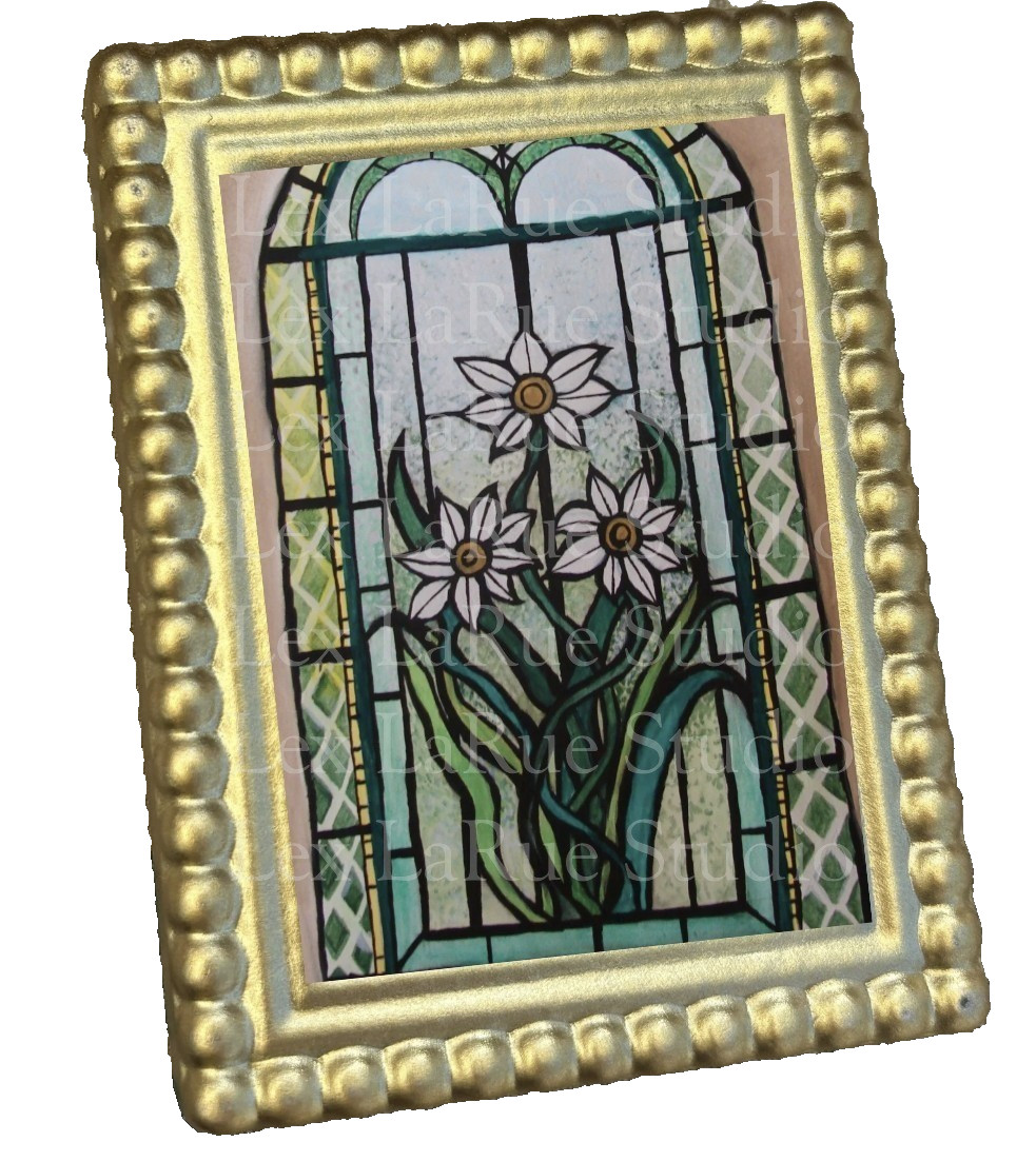ACEO Stained-Glass style Floral Daffodil Artwork 2.5×3.5 in. PRINT SIGNED