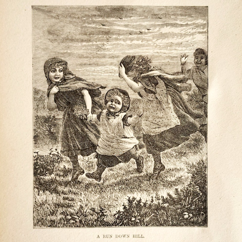 1880s Children Running Down The Hill Wood Engraving Victorian Family Playing A4D