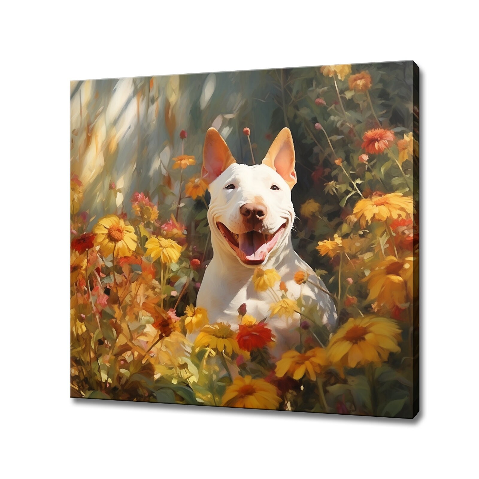 American Bull Terrier Dog In Flowers, Animal Canvas Print, Gift For Dog Lover