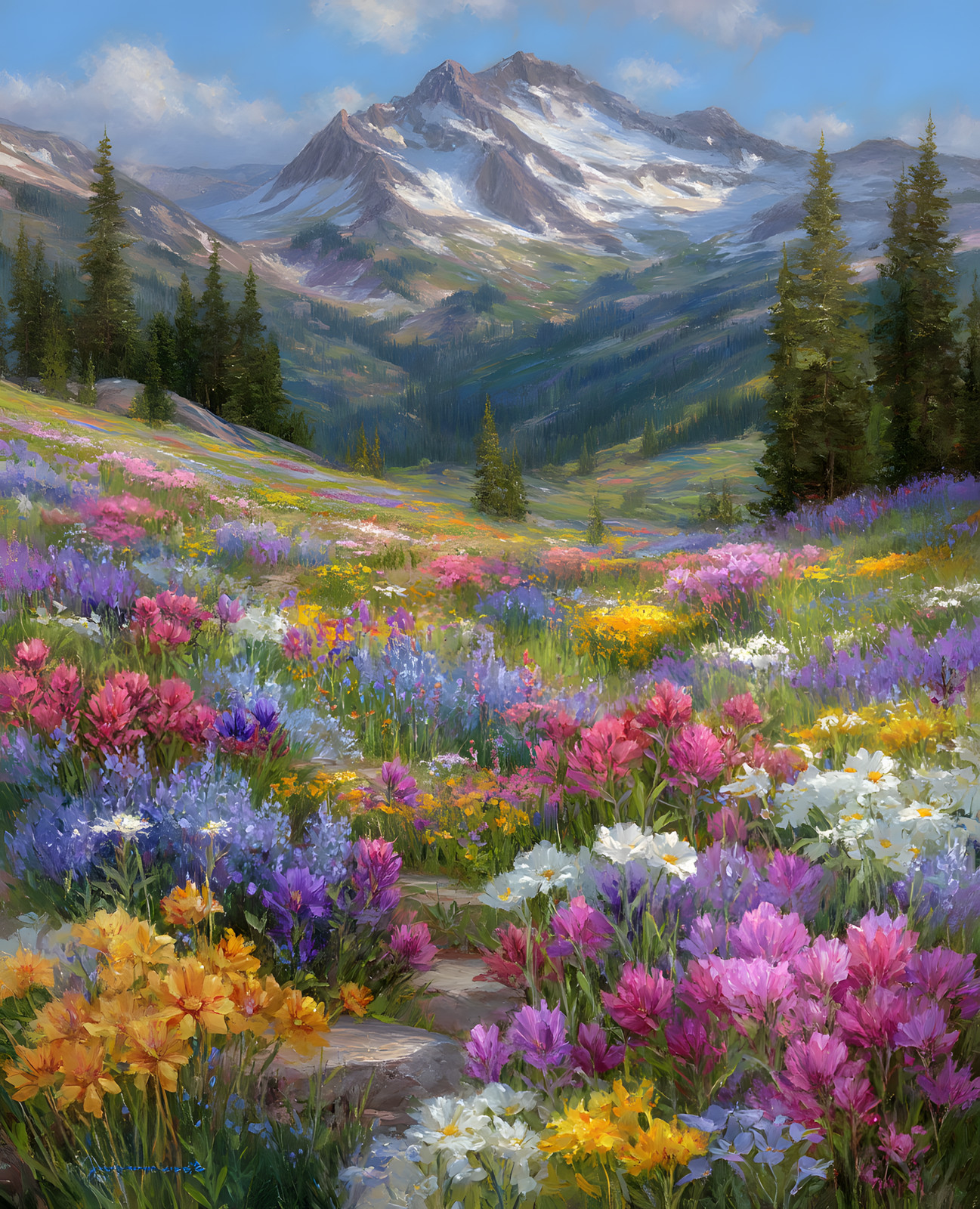8×10 Cozy Storybook Mountain Scene with Flowers Art Print Heritage – 972628314