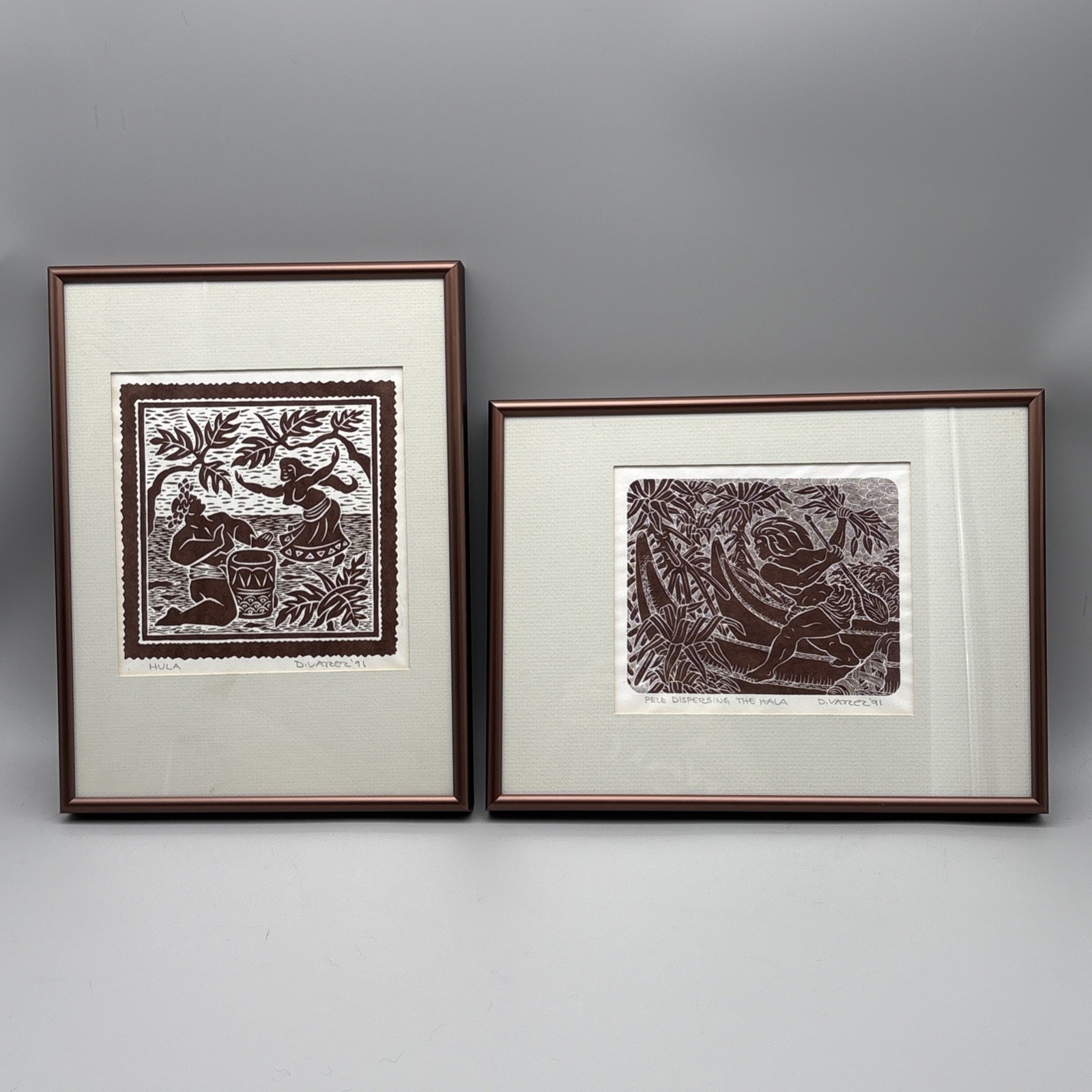 Dietrich Varez Signed Vintage 1991 Hawaiian Woodblock Print Set Hula Pele Framed