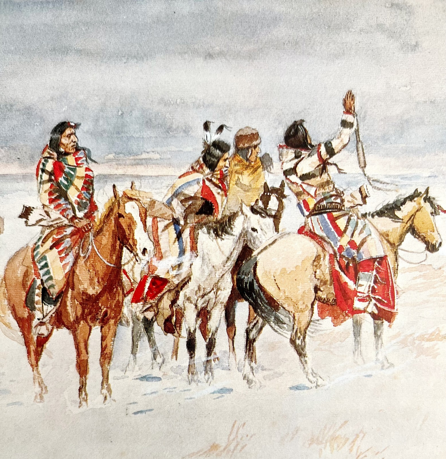 Indians Hailing Immigrants 1978 Old American West Print Russell 15 x 12″ LGAD99