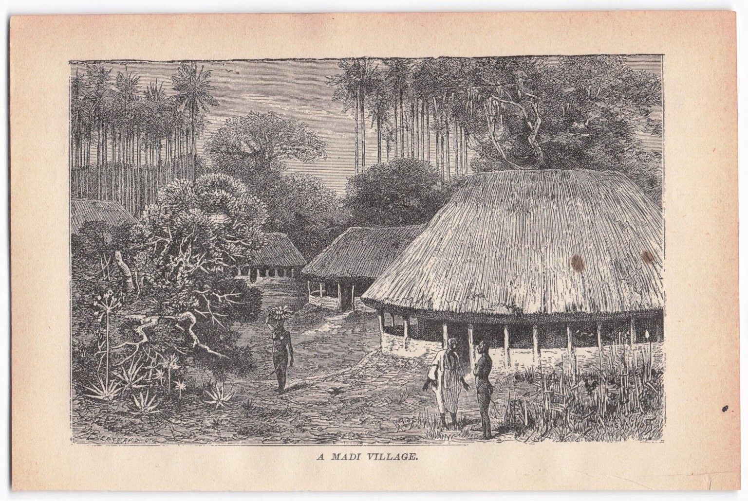 G. Levy “A Madi Village” Antique Engraving Print Africa Tribal Culture Art
