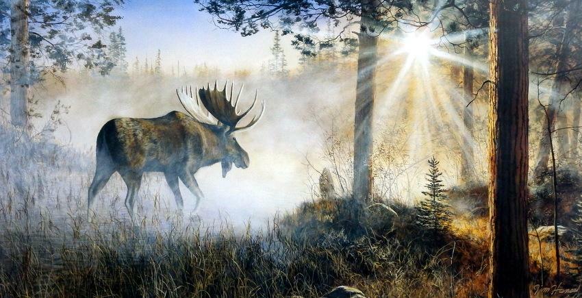Jim Hansel A Walk in the Mist Moose Art Print 33″ x 17″