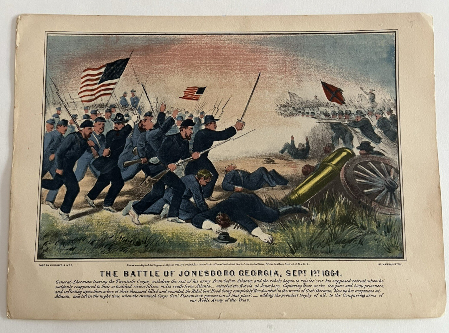 Vintage Civil War Battle of Jonesboro Georgia Currier & Ives Color Lithograph