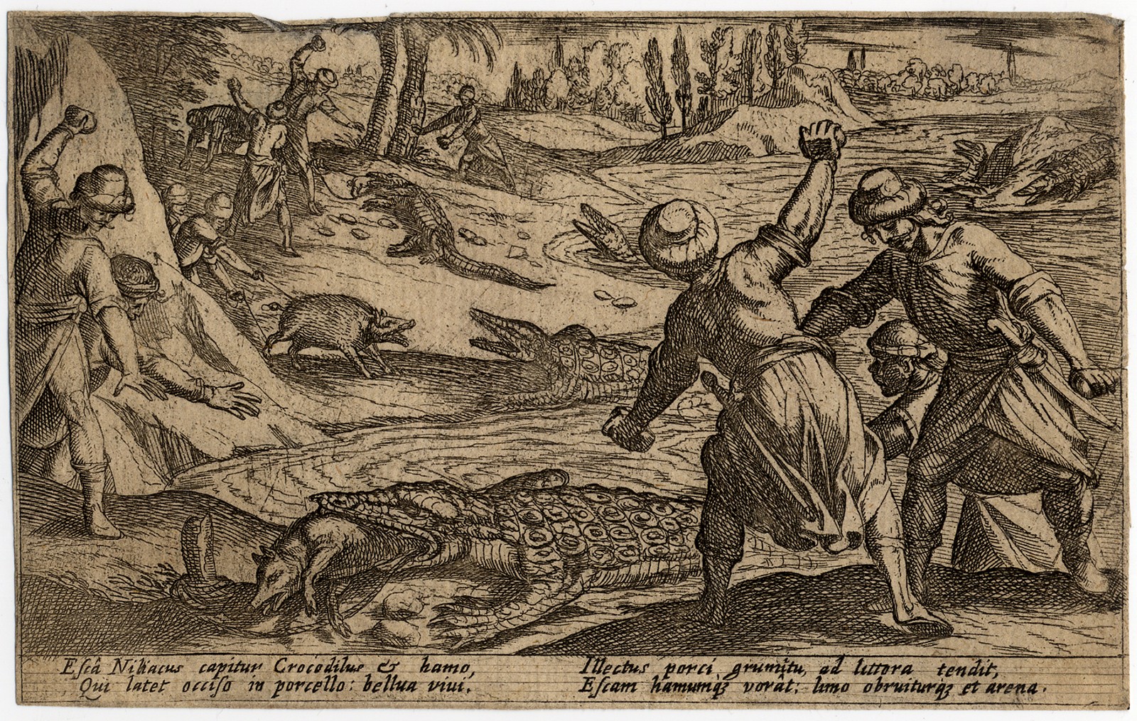 Antique Master Print-HUNTING-CROCODILE-NILE-BOAR-LURE-Tempesta-1602