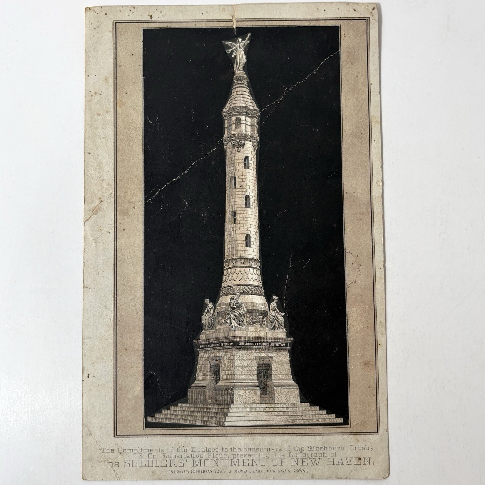 Soldiers Monument New Haven Connecticut CT Antique Washburn Crosby Engraving Old