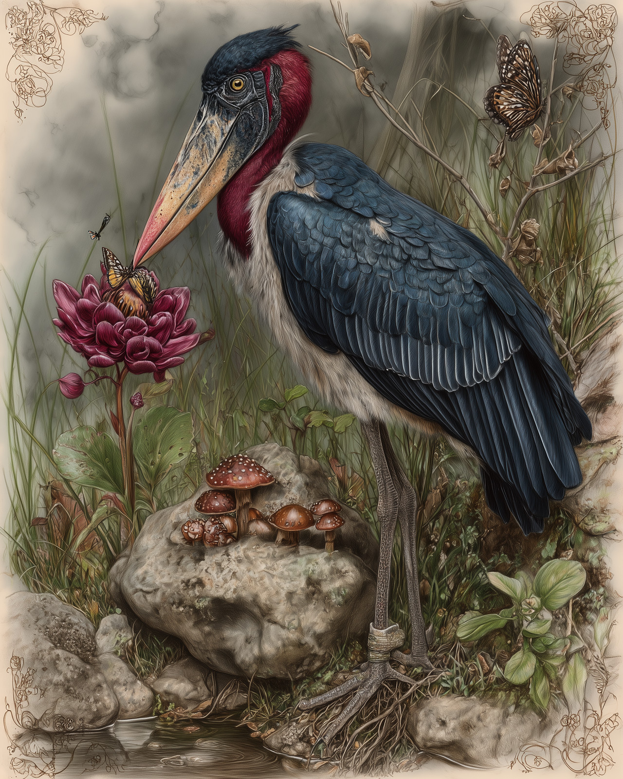 8×10 Marabou Stork standing on rock – wetland plants and flowers – 337492284