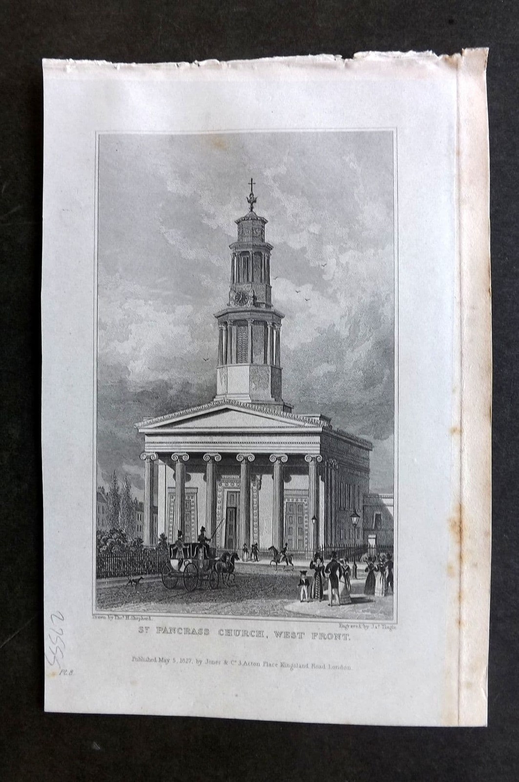 Shepherd 1829 Antique London Print. St. Pancrass Church, West Front