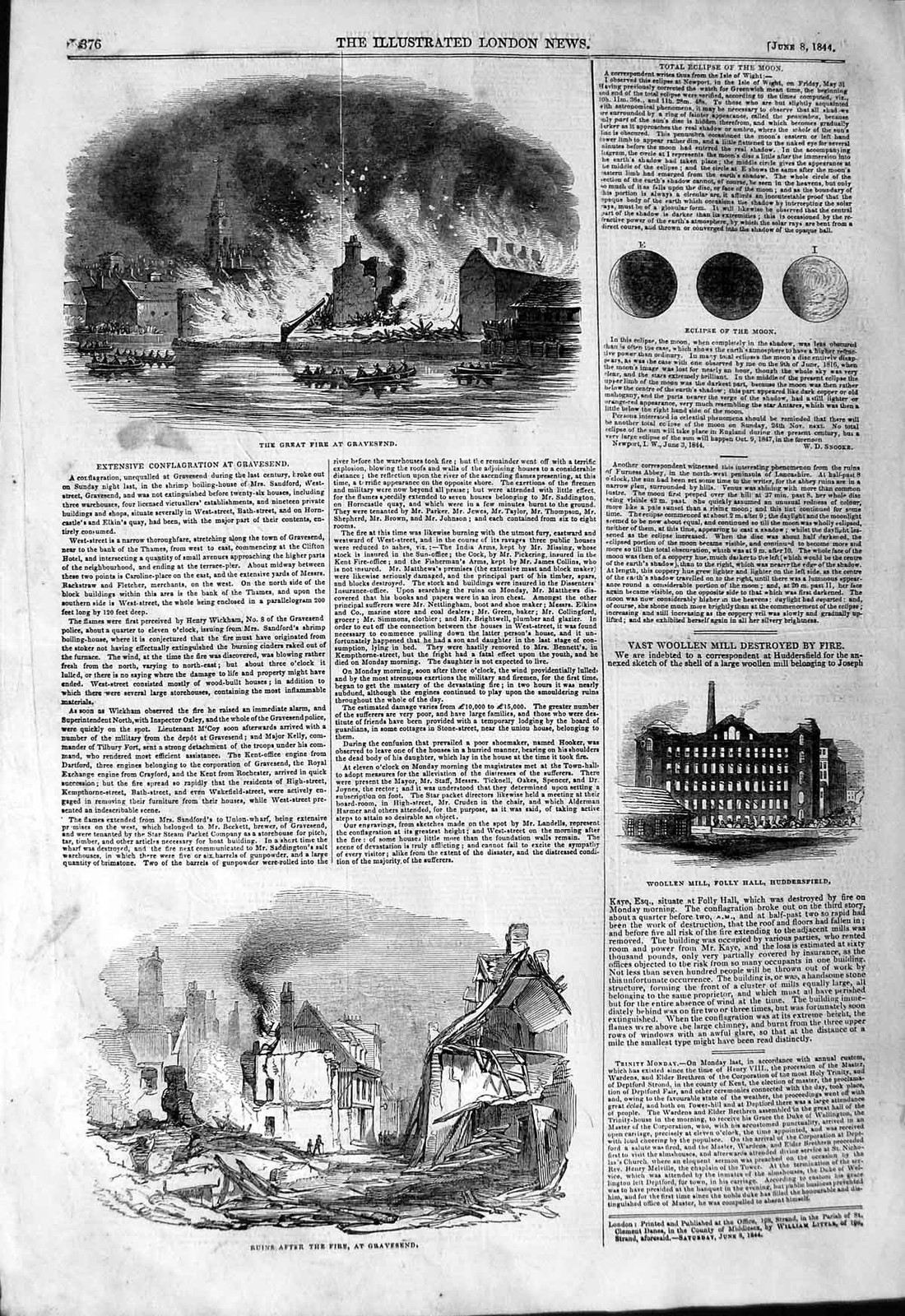 Original Old Antique Print 1844 Fire Gravesend Woollen Mill Folly Hudde 19th