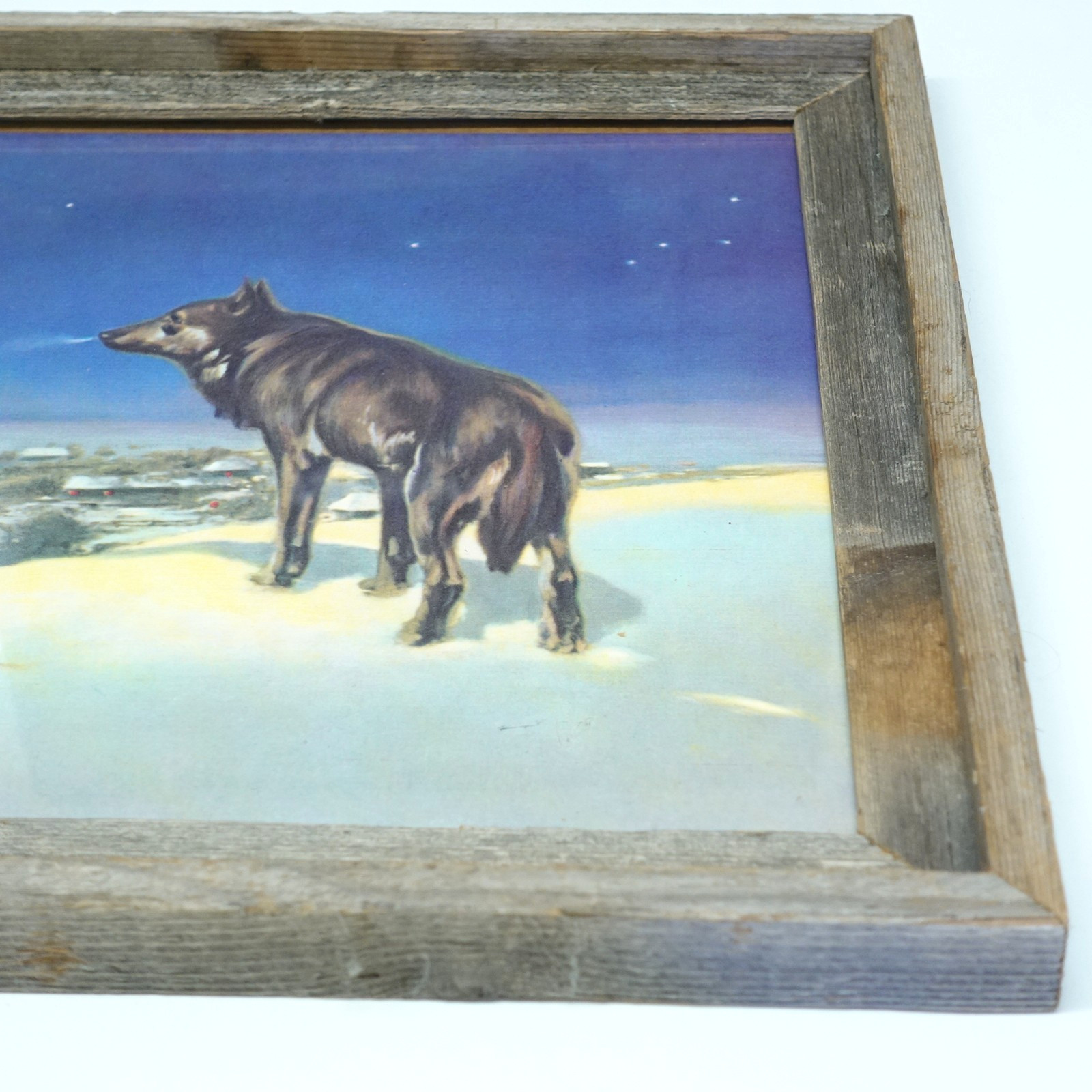 Vintage Lone Wolf Print Victor Kowalski Rustic Barn Wood Frame Winter 23” X 19”