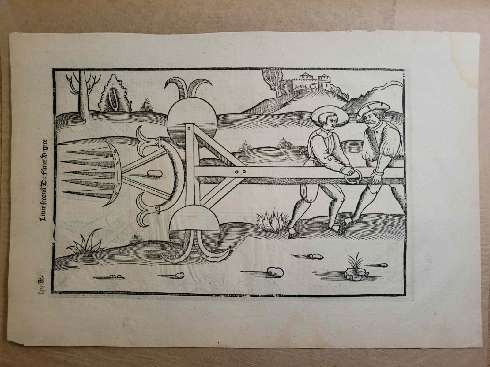 1532 VEGETIUS Woodcut Print Roman Weapon Battering Ram Renaissance Folio Wechel