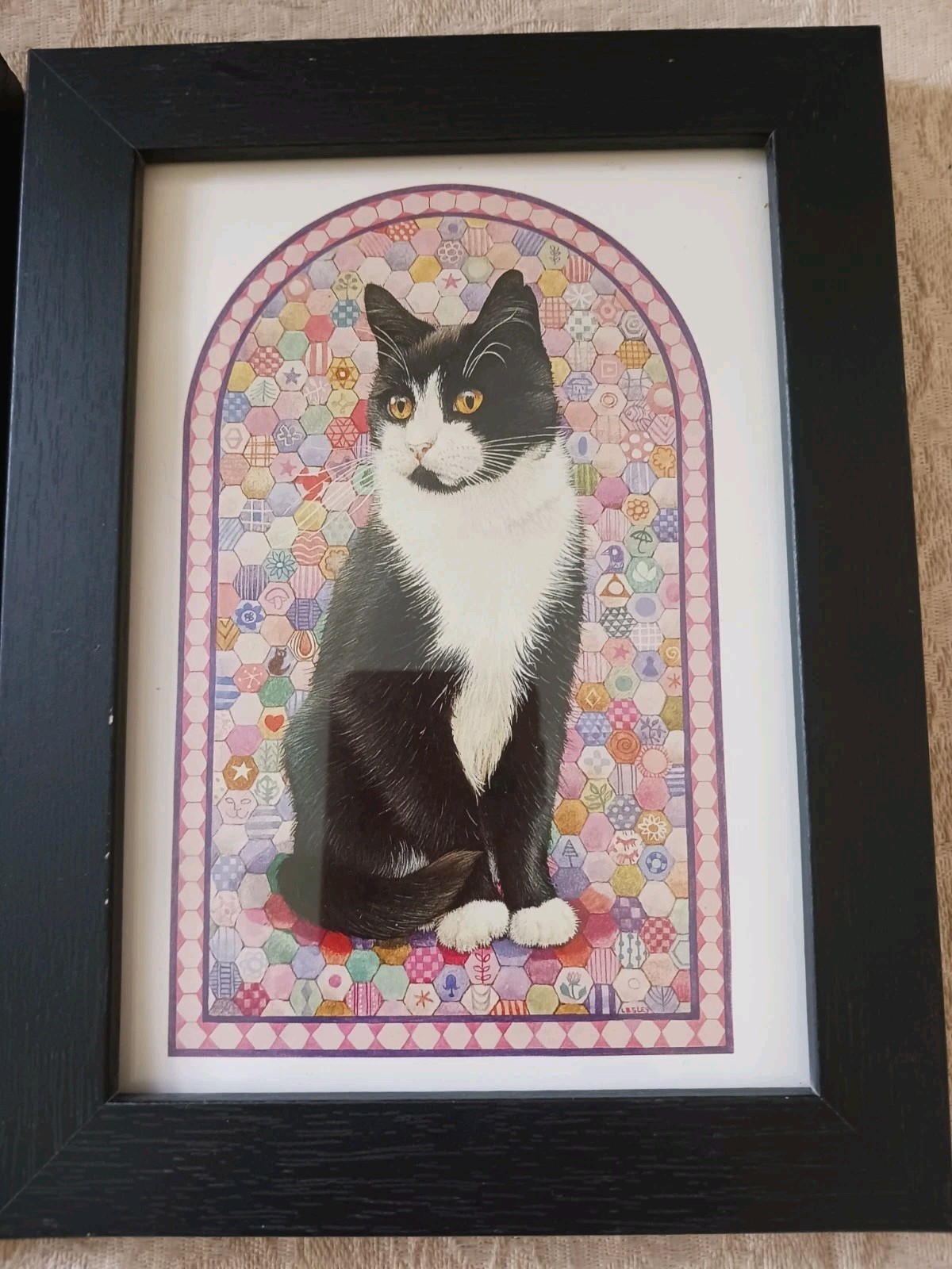 2 Lesley Anne Ivory Framed Cat Prints Vtg ’90s Charming Black White Tuxedo Cats