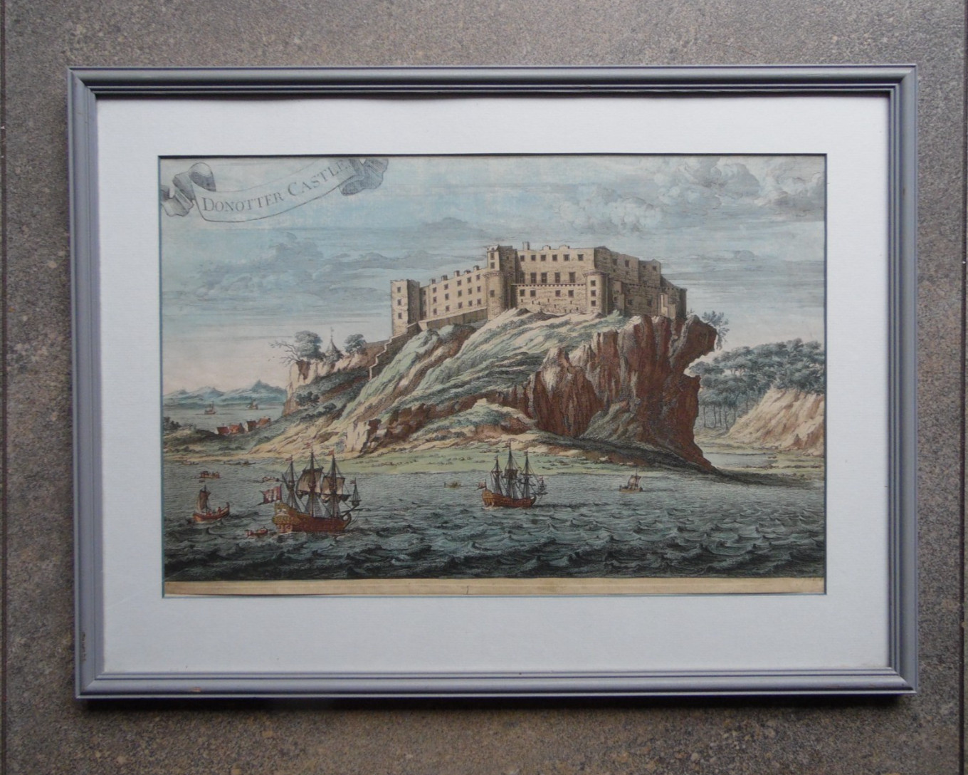 Donnottar Castle + Ships, Scottish Fortress Rare Original Antique engraving