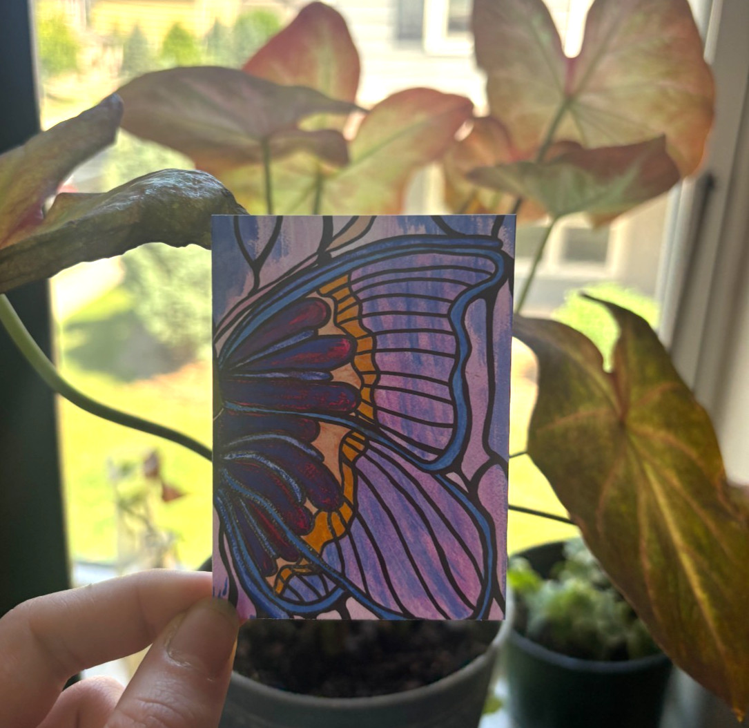 ACEO 2.5×3.5 in. PRINT Butterfly Wing Stain-glass style Yellow & Purple SIGNED