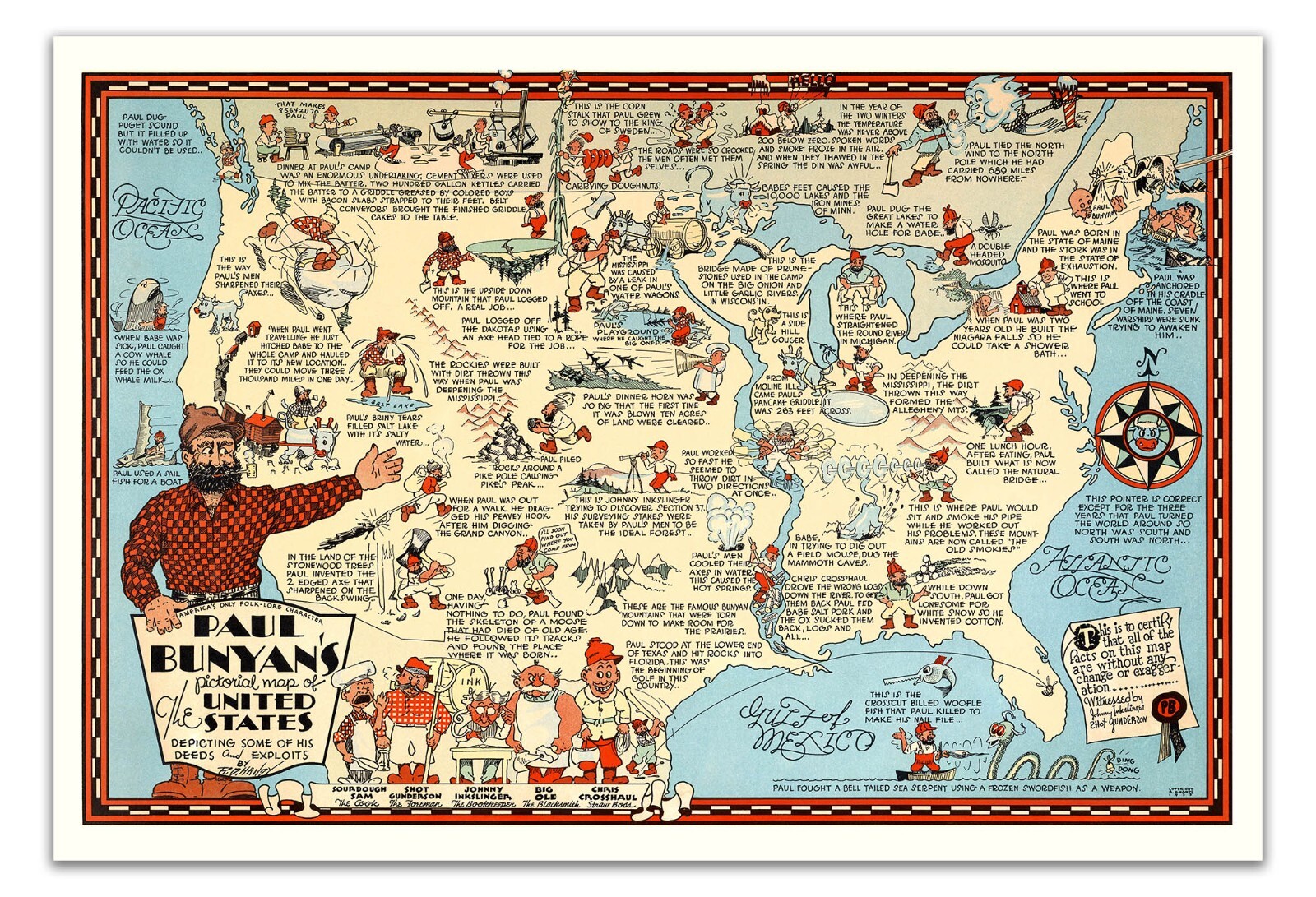 Paul Bunyan’s pictorial map of the United States Illustrated Map Poster