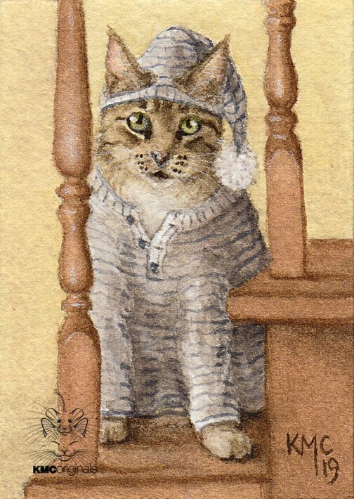 KMCoriginals PRINT Cat feline tabby stairs Pajamas bedtime Reproduction ACEO art