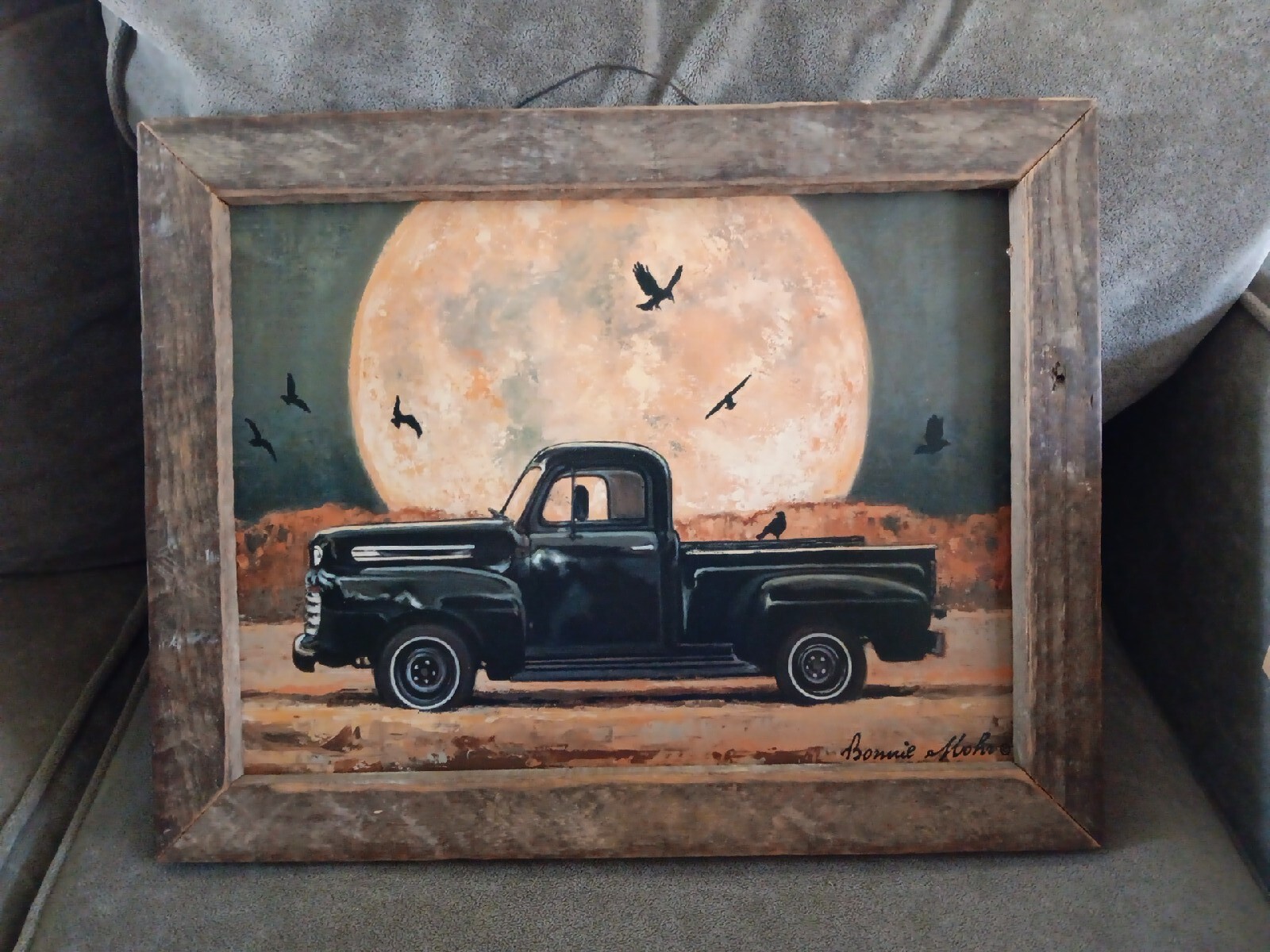 Bonnie Mohr Harvest Moon Black Antique Truck Art Print-Framed Barn wood