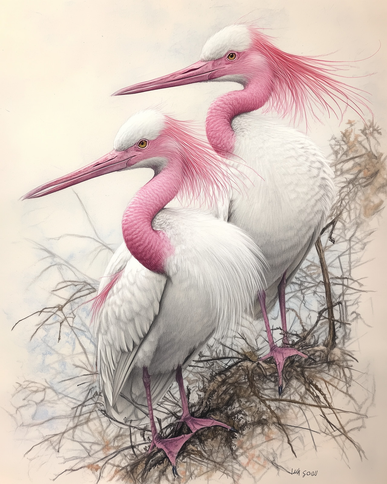 8×10 Roseate Spoonbills Standing Forest Illustration – 576056225