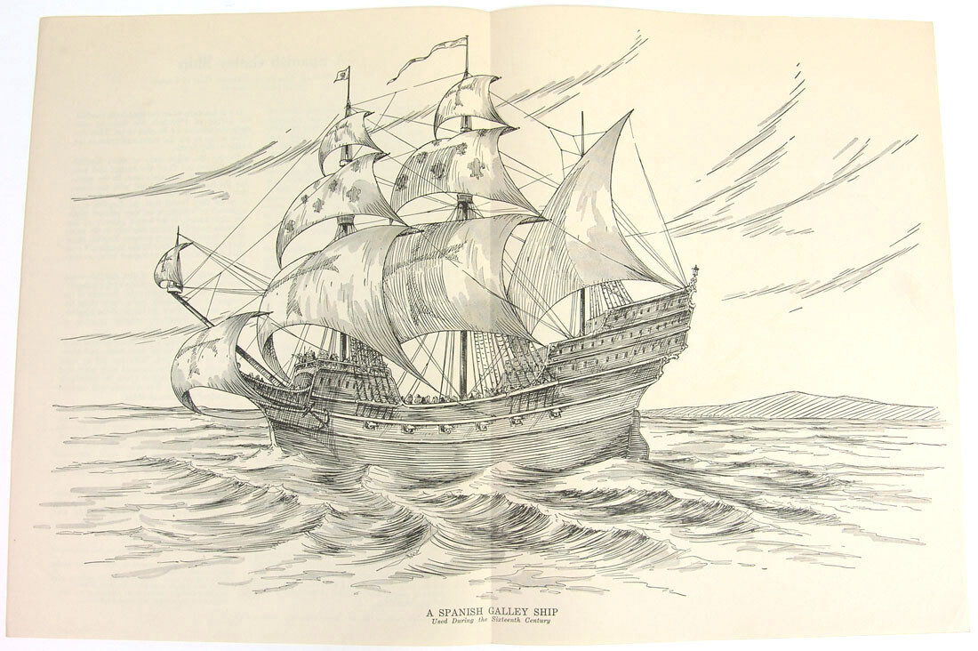 Orig. 1930 Maritime Water Transportation Print – A Spanish Galley Ship